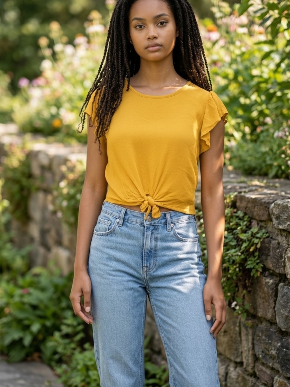 Active USA Mustard Tie-Front Ruffle Sleeve Crop Top